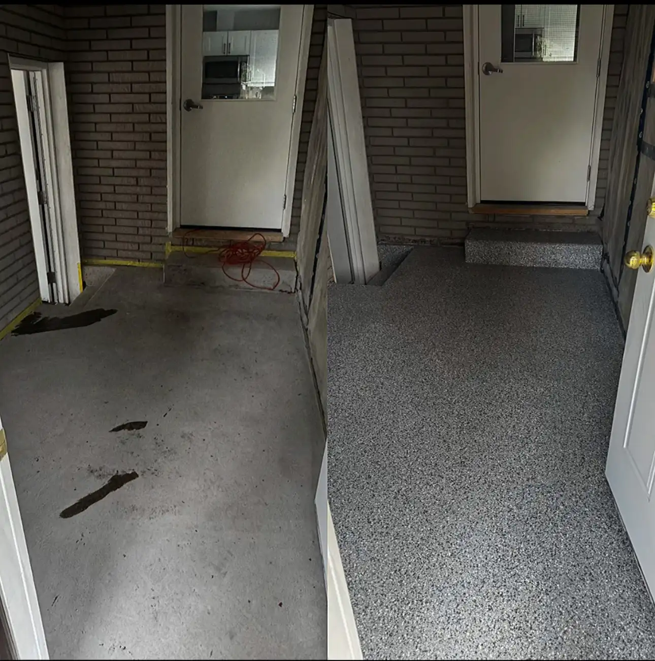 Before and after comparison showing concrete floor transformed into epoxy flake finish