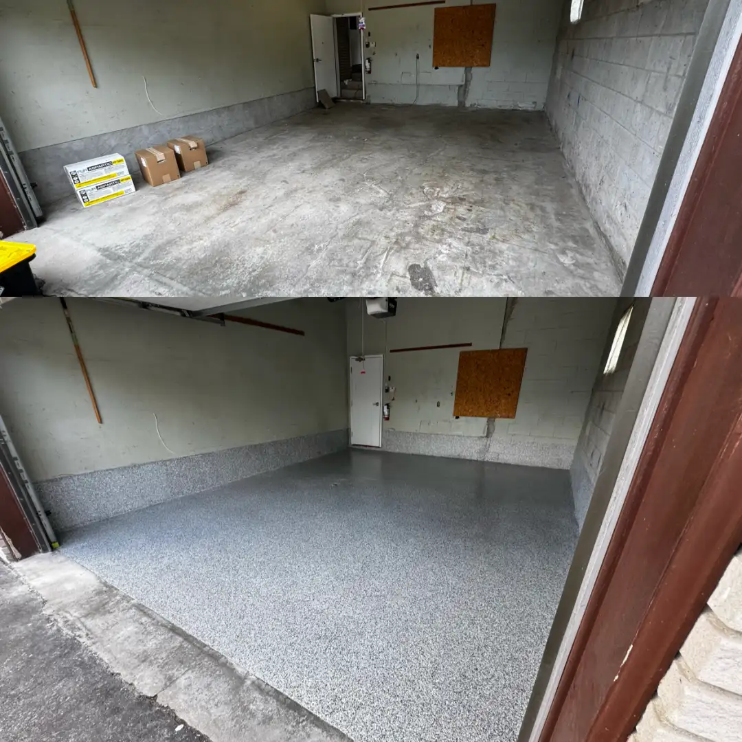Side-by-side before and after of garage floor resurfaced with gray flake epoxy coating