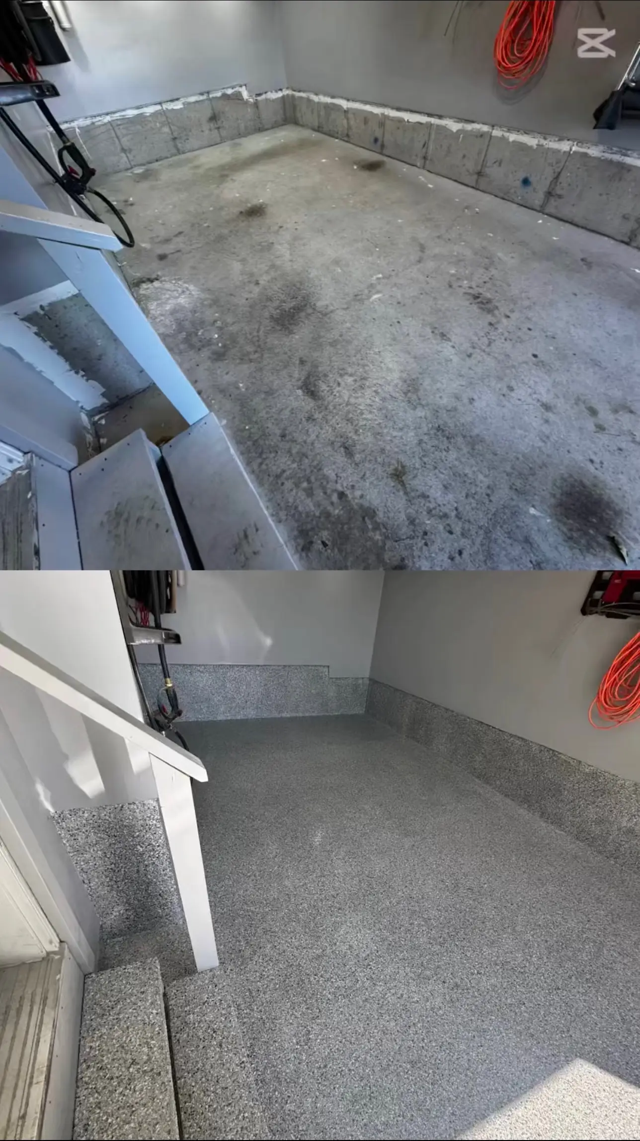Before and after garage epoxy flooring transformation showing an old stained concrete floor resurfaced with a sleek grey flake epoxy finish and matching cove base along the walls.
