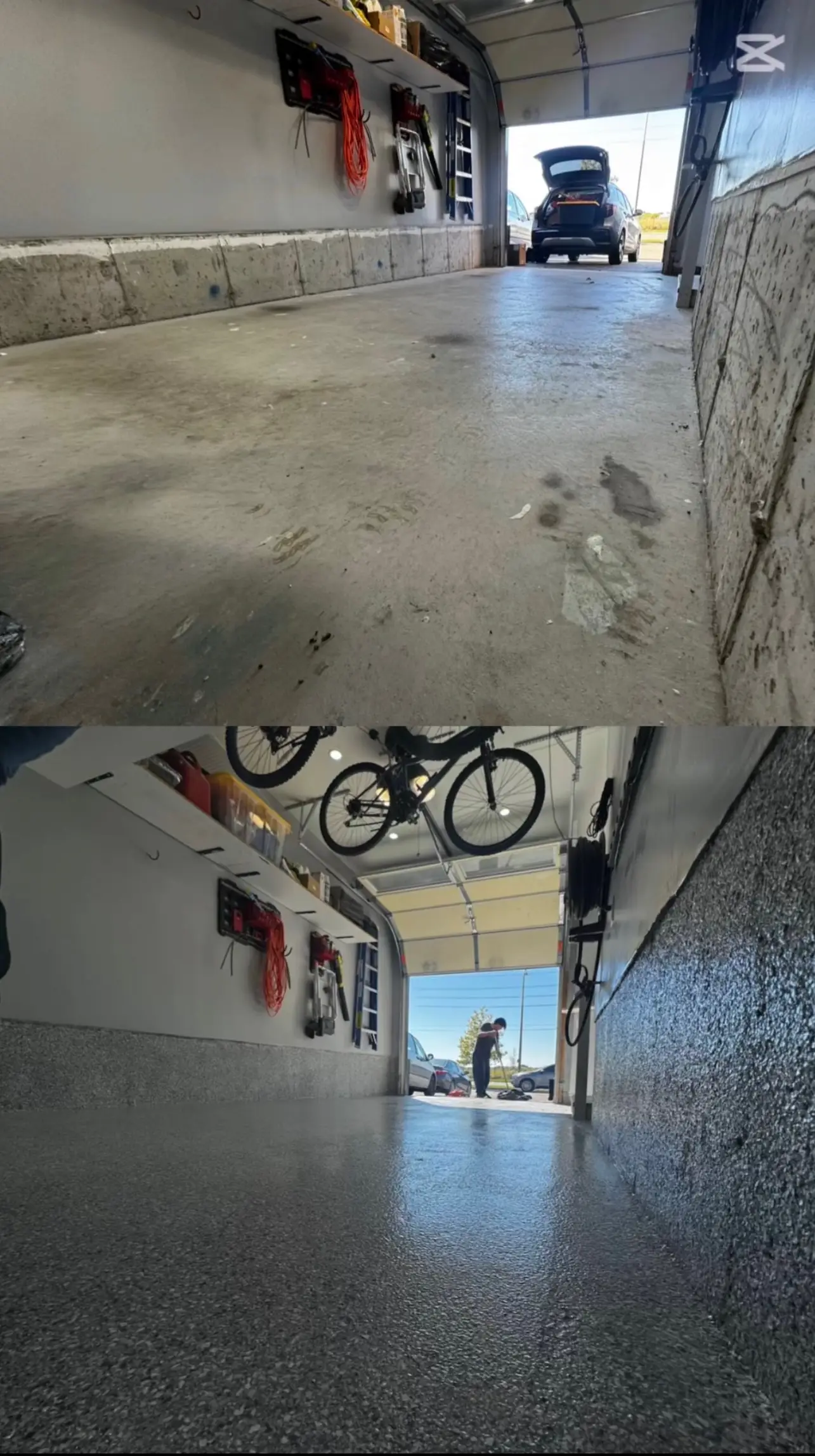 Side-angle before and after of a garage epoxy floor installation, highlighting the smooth reflective surface, flake texture, and upgraded clean aesthetic replacing the dull concrete.