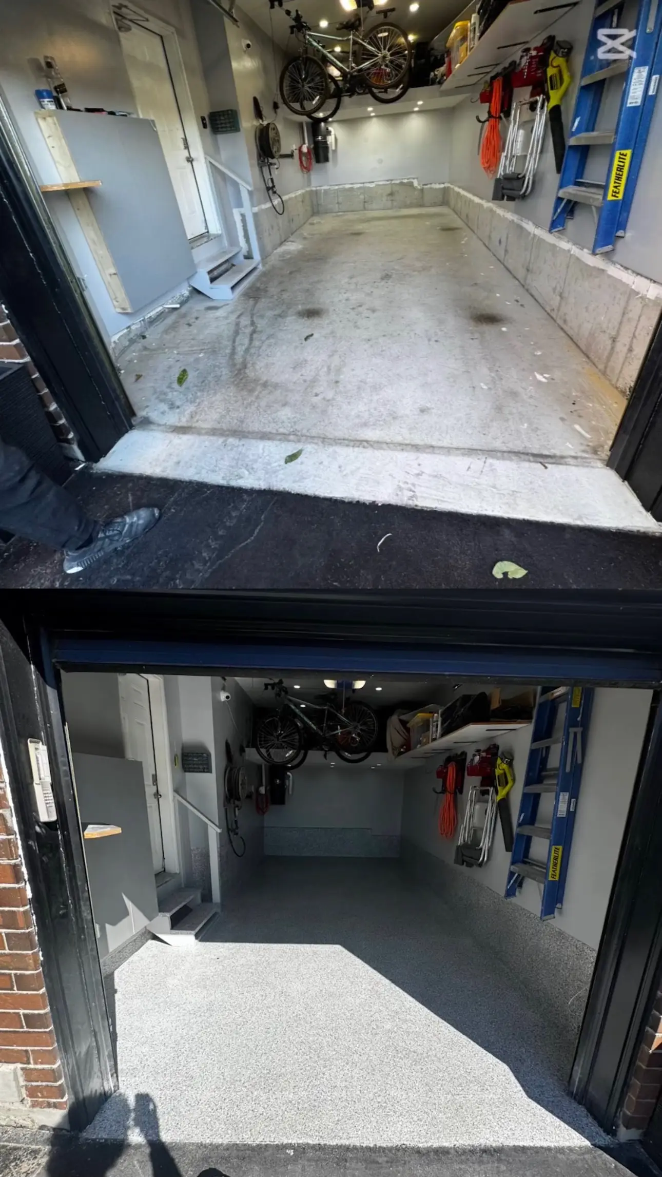 Entry view before and after of a full garage epoxy coating project, featuring seamless grey epoxy extending onto the steps and lip for a professional, showroom-style finish.